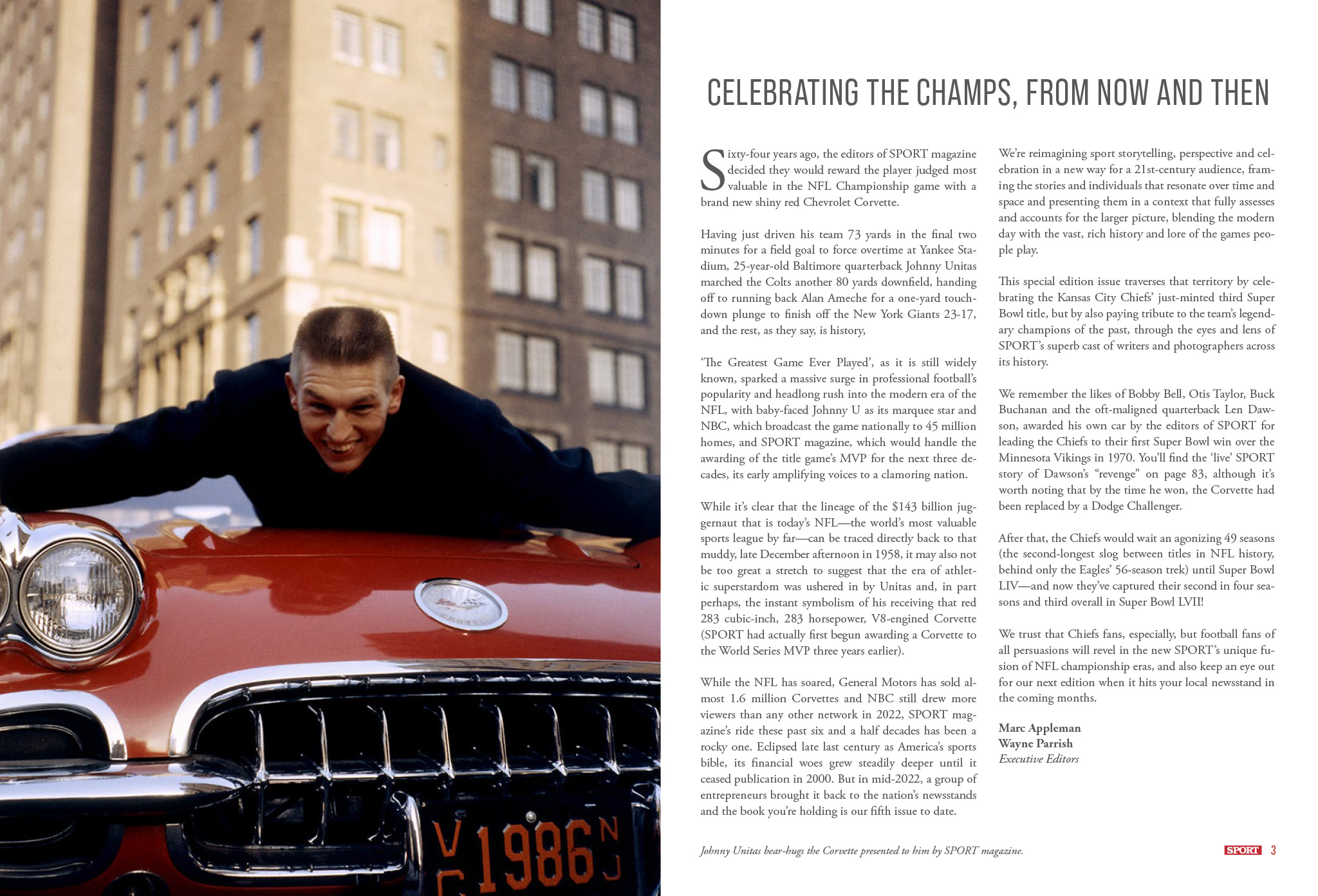 Vintage Sport magazine photo of Johnny Unitas on the hood of his MVP car, in two page introductory editorial spread